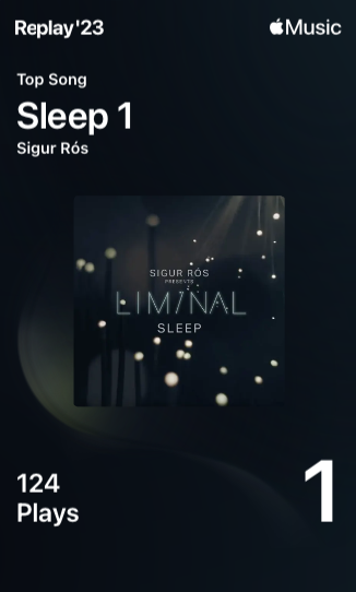 Screencap from Apple Music Replay 2023: "Top song: Sleep 1, Sigur Ros, 124 plays"